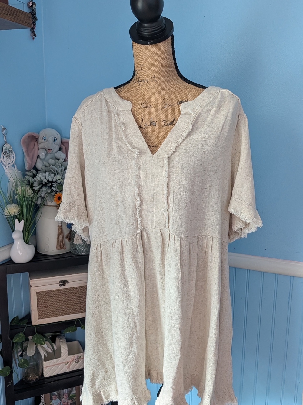 Brand New- Umgee Boho Light Cream Frayed V-Neck Mini Dress
